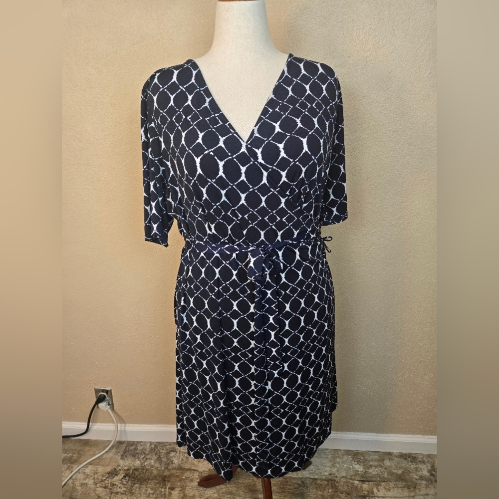 Gilli Navy and White Trista Faux Wrap Jerset Knit Dress 2X (6179)